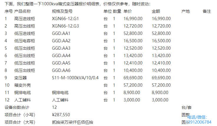 箱式变电站价格报价表